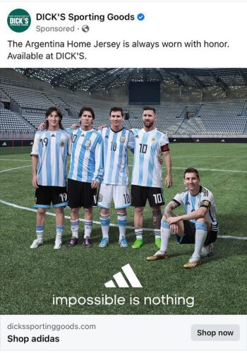 Five soccer players wearing Argentina home jerseys pose on a stadium field, with one player kneeling in front. Text promotes Adidas and DICK'S Sporting Goods.