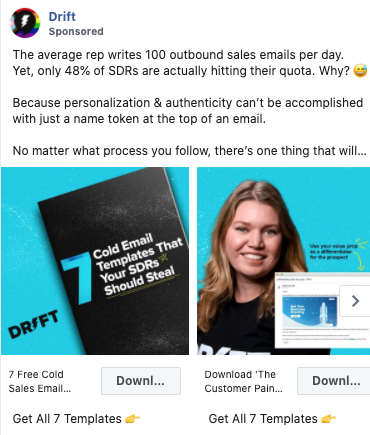 Sponsored social media post by Drift advertising outbound sales email templates, featuring images of eBooks titled "Cold Email Templates That Your SDRs Should Steal" and "The Customer Pain Playbook.