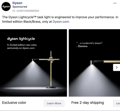 A Dyson Lightcycle task lamp in black/brass is shown lit, highlighting its modern design. Promotional text mentions exclusive color and free two-day shipping.