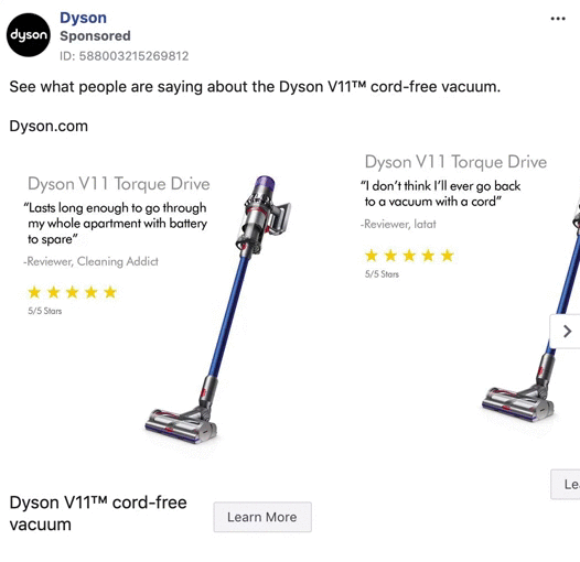 An ad for the Dyson V11 Torque Drive cord-free vacuum features product images, customer reviews, star ratings, and a “Learn More” button.