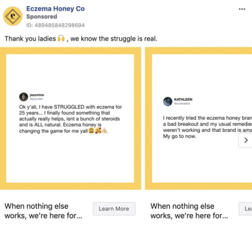 Facebook ad for Eczema Honey Co featuring customer testimonials describing positive experiences with an eczema product, with the tagline "When nothing else works, we're here for...