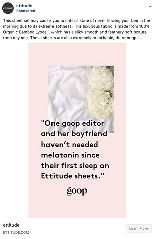 A promotional image for Ettitude sheets features a quote from Goop over a pink background, alongside white sheets and a bouquet of white flowers.