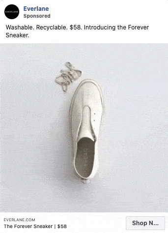 A white sneaker with removable laces is displayed vertically on a light background, accompanied by text promoting the Forever Sneaker by Everlane.