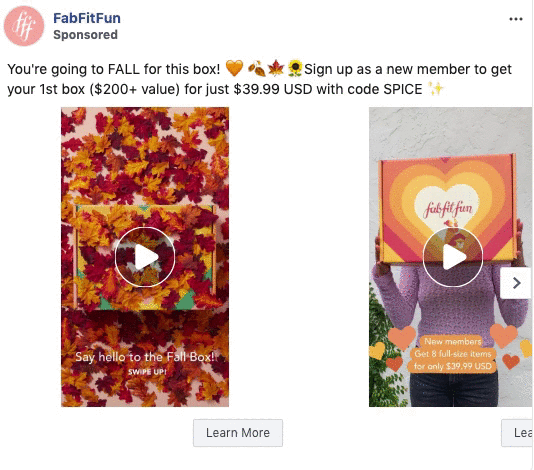 Sponsored FabFitFun ad showing a fall-themed box with leaves and a person holding an orange FabFitFun box. Text promotes a $39.99 USD offer for new members.