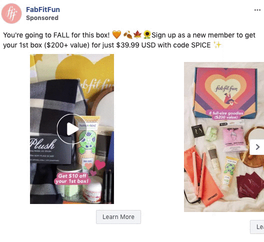 A promotional ad from FabFitFun displays two boxes containing various beauty and lifestyle products, with an offer for a discounted first box using a special code.