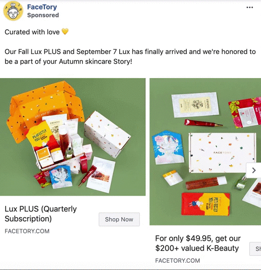 FaceTory promotional post showing open subscription boxes with assorted skincare products and text offering a quarterly K-beauty box valued over $200 for $49.95.