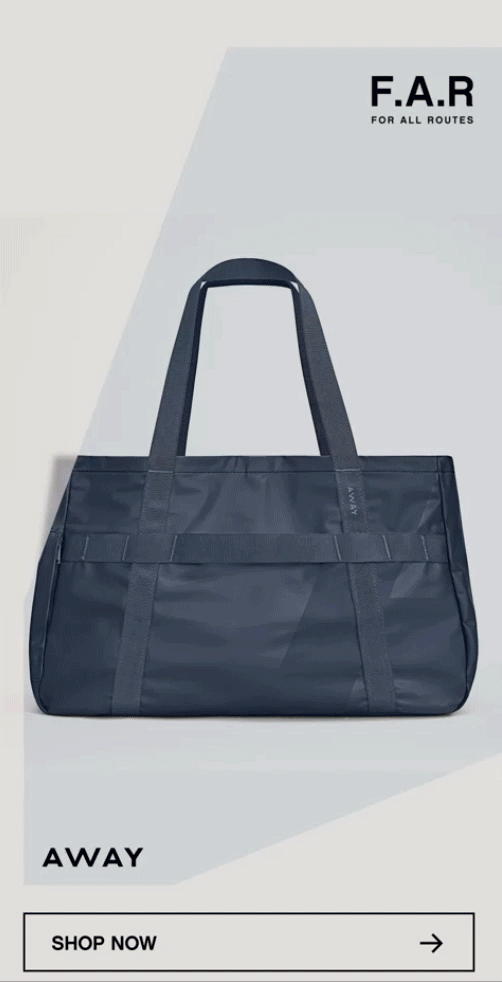 A navy blue tote bag with shoulder straps is displayed against a light background. The text reads "F.A.R For All Routes" and "AWAY" with a "Shop Now" button below.