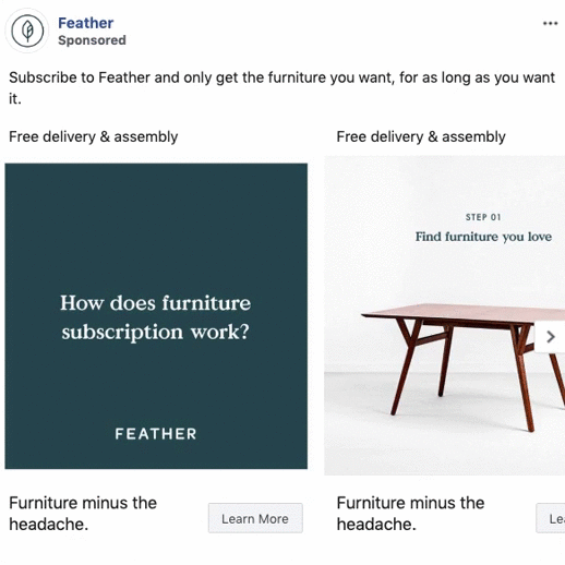 A social media ad for Feather promotes a furniture subscription service, showing a table and text highlighting free delivery, assembly, and a simplified process.