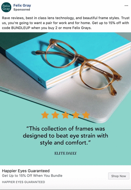 A pair of brown eyeglasses rests on a closed blue notebook beside a white pen; promotional text about Felix Gray eyewear and a customer review are visible.