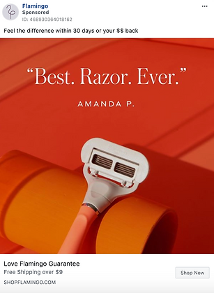 A pink and white razor is displayed in front of an orange background with the quote "Best. Razor. Ever." from Amanda P. above it.