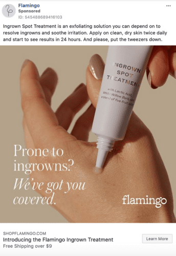 A hand with small visible bumps is shown as a tube labeled "Ingrown Spot Treatment" dispenses product onto the skin. Text on image promotes treatment for ingrown hairs.