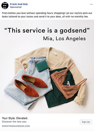 Flat lay of a beige cardigan, green top, blue jeans, brown shoes, and a lace bralette next to a phone, with a testimonial quote and Frank And Oak branding above.
