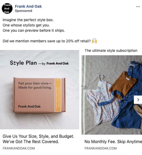 An ad for Frank And Oak's style subscription service showing a branded box, a selection of clothes, and promotional text about personalized styling and member discounts.