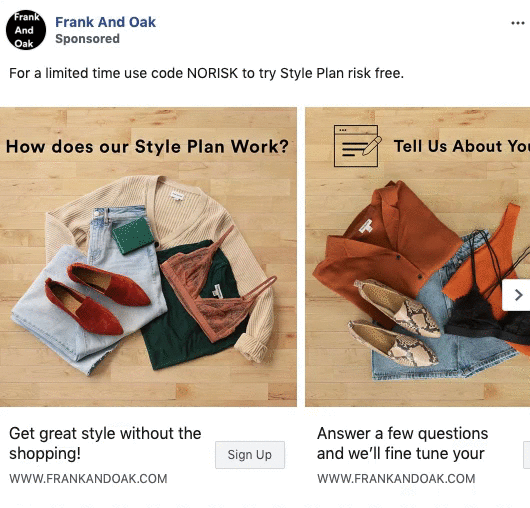 Two images of coordinated clothing and accessories are shown with text promoting Frank And Oak's Style Plan subscription and a call to use code NORISK for a risk-free trial.