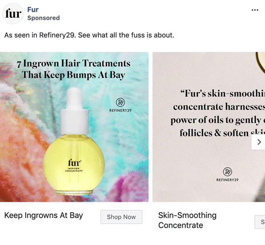 Advertisement featuring Fur product bottles with text promoting treatments for ingrown hairs and skin-smoothing concentrate; includes Shop Now button and Refinery29 logo.