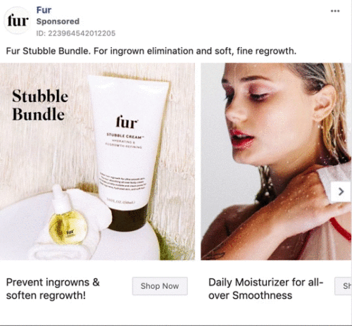An advertisement for Fur Stubble Bundle showing a cream, oil, and a woman applying product in the shower, promoting ingrown prevention and smooth skin.