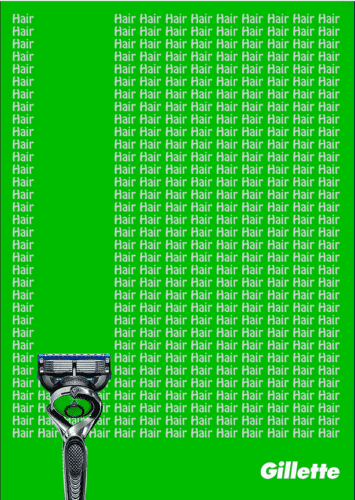 A Gillette razor at the bottom of a green background covered with repeated white text saying "hair"; the brand logo appears in the lower right corner.