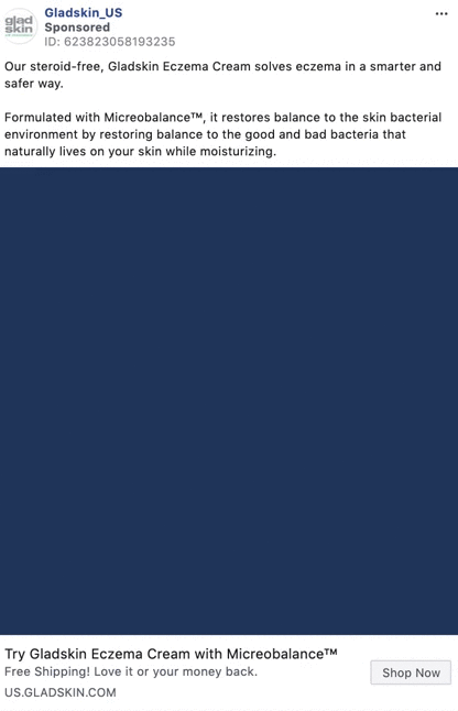 Advertisement for Gladskin Eczema Cream highlighting its steroid-free formula and Microbalance technology, with a "Shop Now" button and free shipping offer.