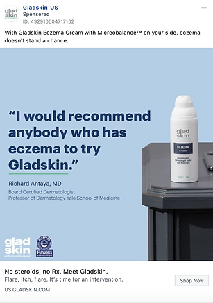 A bottle of Gladskin Eczema Cream sits on a table next to its box, alongside a dermatologist’s testimonial recommending the product for eczema.