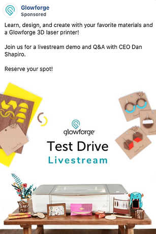 Promotional image for a Glowforge Test Drive Livestream, featuring a Glowforge 3D laser printer and various crafted items made from different materials.