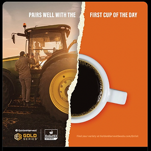 A person stands beside a large green tractor on a farm; the image is split with a close-up of a coffee cup on an orange background. Text reads, "Pairs well with the first cup of the day.