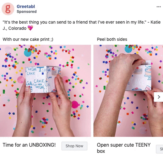 Hands unboxing a small, colorful cake-printed box surrounded by confetti, revealing a cute, compact gift inside.