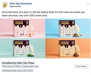 Four boxes of Halo Top Pops ice cream bars in different flavors are displayed against colored backgrounds, alongside text promoting the product's low calorie content.