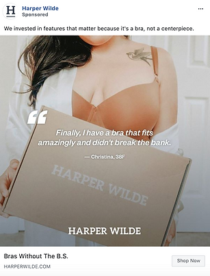 A woman in a bra and open shirt holds a Harper Wilde box. A testimonial quote and the Harper Wilde logo are visible on the box.