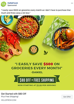 A HelloFresh ad featuring a quote about saving $500 on groceries, a plate of food, vegetables, and an $80 off plus free shipping promotion.