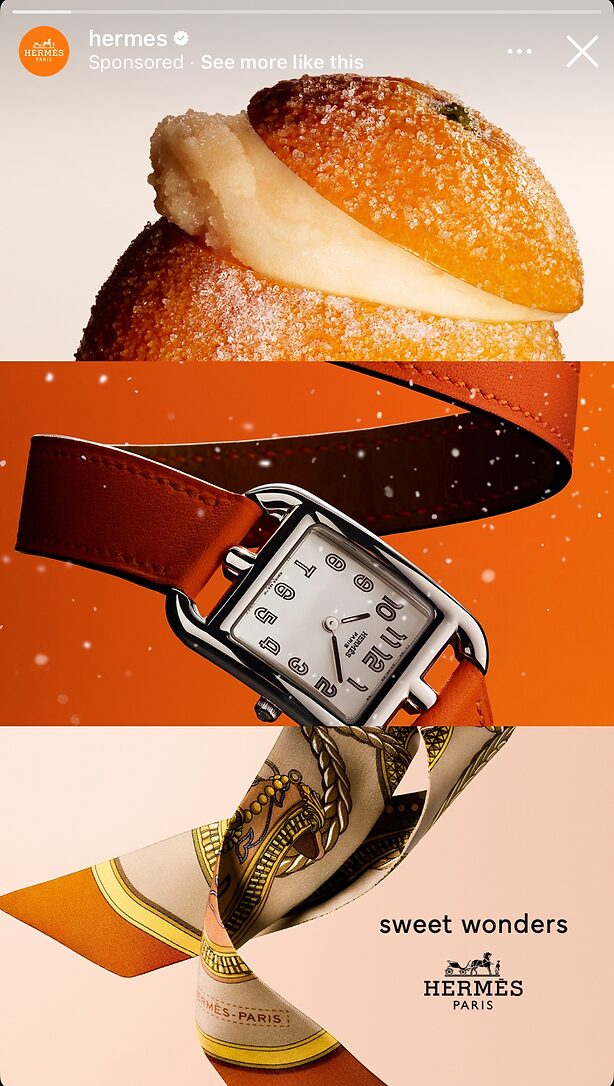 A sugared pastry, a close-up of a Hermès watch with a brown leather strap, and an orange patterned silk scarf are displayed over an orange background with the text "sweet wonders.