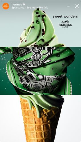 A green ice cream cone transitions into a printed green Hermès scarf, blending into the cone, with "sweet wonders" and the Hermès Paris logo in the background.