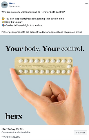 A hand holds a blister pack of birth control pills against a light blue background with the text "Your body. Your control." and "hers" at the bottom.