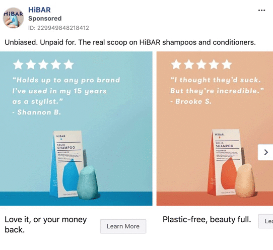 Two boxes of HiBAR shampoo with colored shampoo bars in front, accompanied by positive customer reviews and text promoting a money-back guarantee and plastic-free packaging.