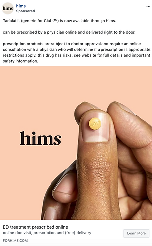 A hand holds a beige pill embossed with "20" between the thumb and forefinger in front of a peach background. The word "hims" appears below the pill.