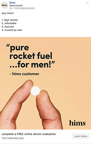 A hand holds a white pill against a beige background with text promoting Hims men's health products and a testimonial quote.