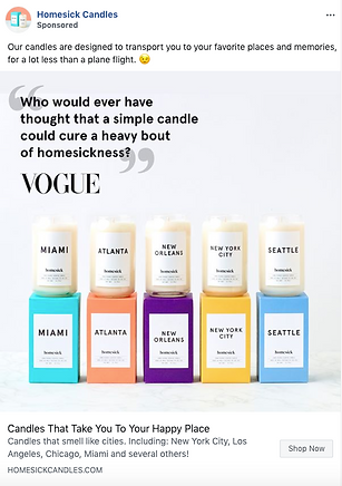 A display of seven scented candles labeled with city names including Miami, Atlanta, New Orleans, and New York City, arranged in a row with a quote from Vogue above them.