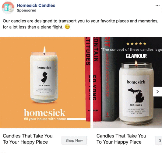 A split ad features two "homesick" candles labeled New Jersey and Michigan, placed beside books, with text about candles evoking memories of favorite places.