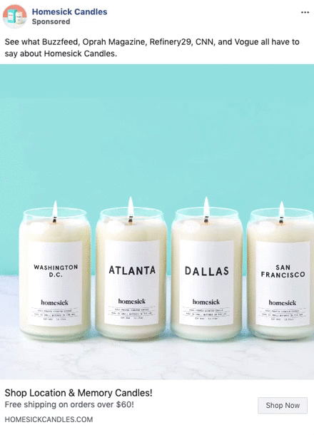 Four Homesick Candles labeled Washington D.C., Atlanta, Dallas, and San Francisco are displayed in a row against a light blue background.