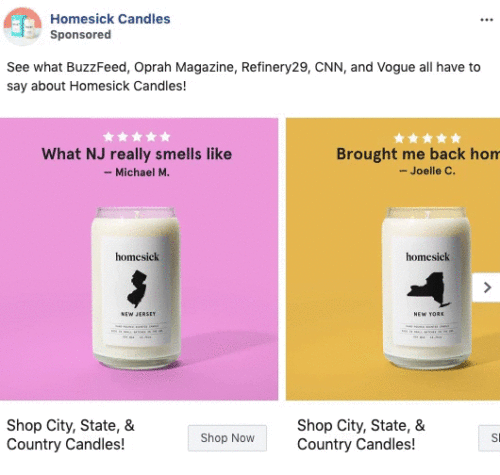 Two Homesick candles labeled "New Jersey" and "New York" are displayed against pink and yellow backgrounds with positive customer reviews above each candle.