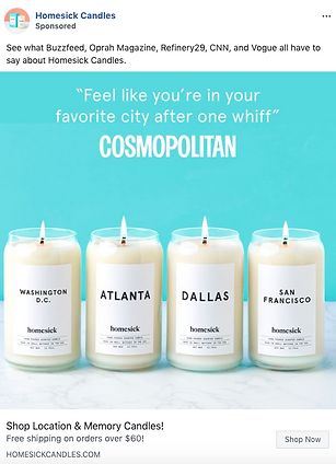 Four white candles labeled Washington D.C., Atlanta, Dallas, and San Francisco are displayed against a blue background with a quote from Cosmopolitan above them.