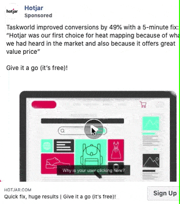 Animated ad by Hotjar shows a cursor moving over a website heatmap, highlighting features and prompting users to sign up for a free trial.