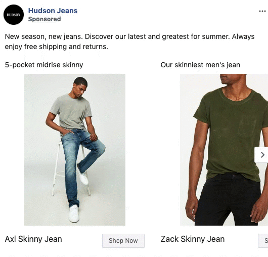 Two men model jeans: one wears a grey t-shirt and blue midrise skinny jeans, the other wears a green t-shirt and black skinny jeans. Hudson Jeans advertisement highlights both styles.