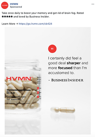 A plastic jar labeled "HVMN Rise" filled with capsules is shown next to a quote from Business Insider praising improved sharpness and focus. Four capsules are placed in front of the jar.