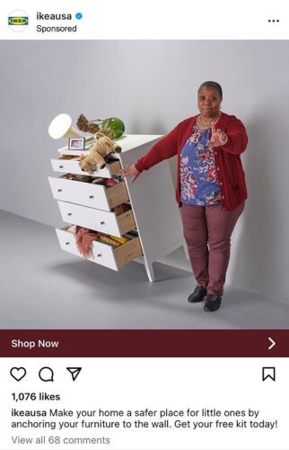 A woman stands next to a tipped-over dresser with drawers open and items falling, signaling to caution against furniture tip-overs.
