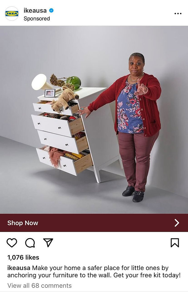 A woman stands next to a tipped-over dresser with drawers open and items falling, signaling to caution against furniture tip-overs.