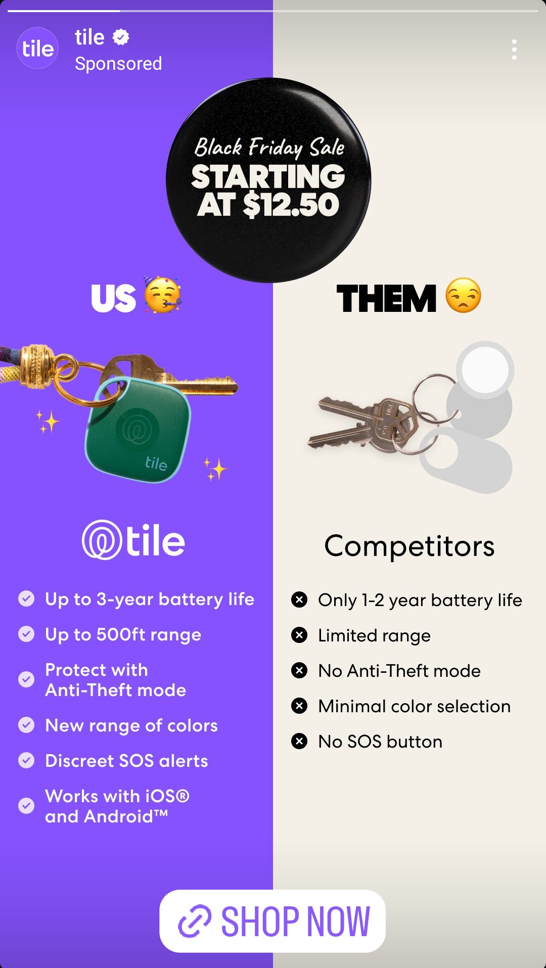 Comparison ad showing a Tile tracker on keys versus regular keys, listing Tile's features and highlighting benefits over traditional keychains. Text promotes a Black Friday sale starting at $12.50.