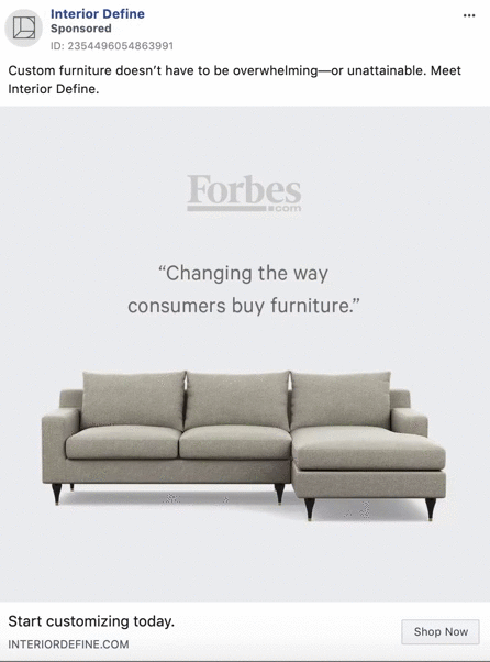 A modern light gray sectional sofa is displayed against a plain background, with a Forbes quote above it and a "Shop Now" button below.