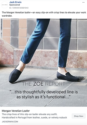 A person wearing black slip-on loafers and cropped blue jeans walks indoors; text describes the loafers as functional and stylish.