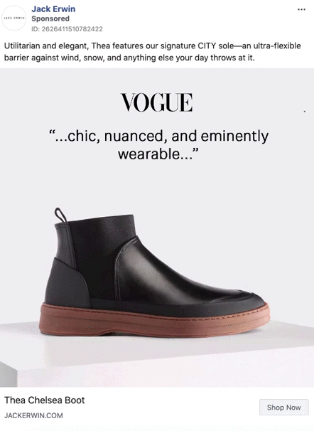 A black Thea Chelsea boot with a brown sole is displayed against a light background, accompanied by text excerpts praising its style and versatility.