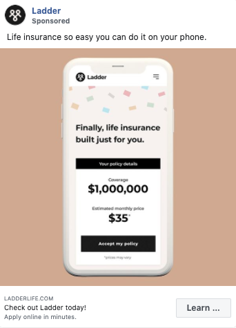 A smartphone displaying a life insurance offer from Ladder with $1,000,000 coverage for $35 per month and a button to accept the policy.